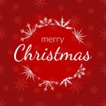 Merry Christmas banner. Xmas text with snowflake wreath decoration isolated on the red background with  snowflakes. Winter greetin Royalty Free Stock Photo